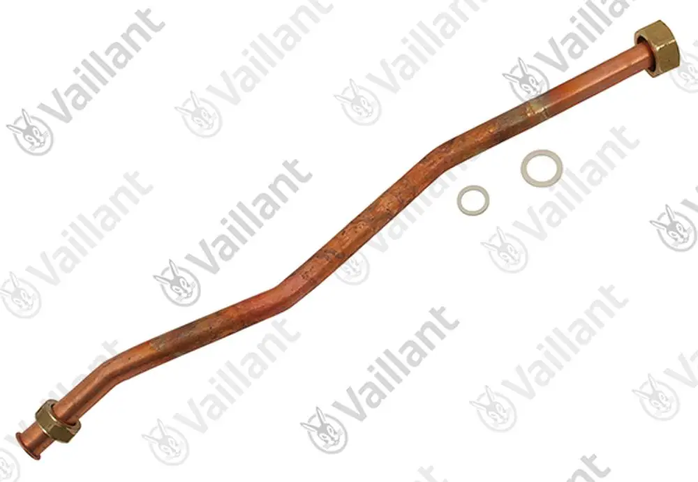 Kupferrohr mit gebogenem Verlauf und zwei Anschlussgewinden, ergänzt durch zwei Dichtungen. Produkt von Vaillant, geeignet für Heizungsanwendungen.